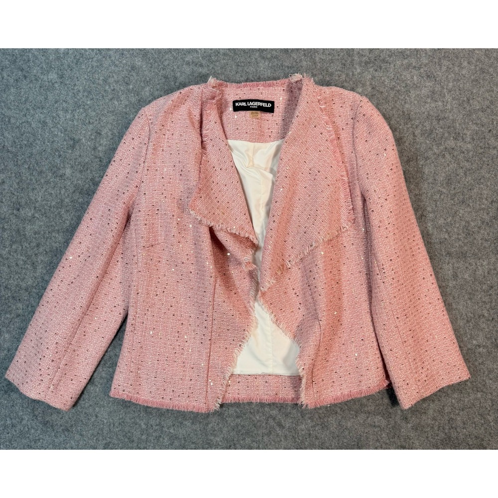 Karl Lagerfeld Paris Pink Sequin Tweed Fringe Jacket Open Front Waterfall S